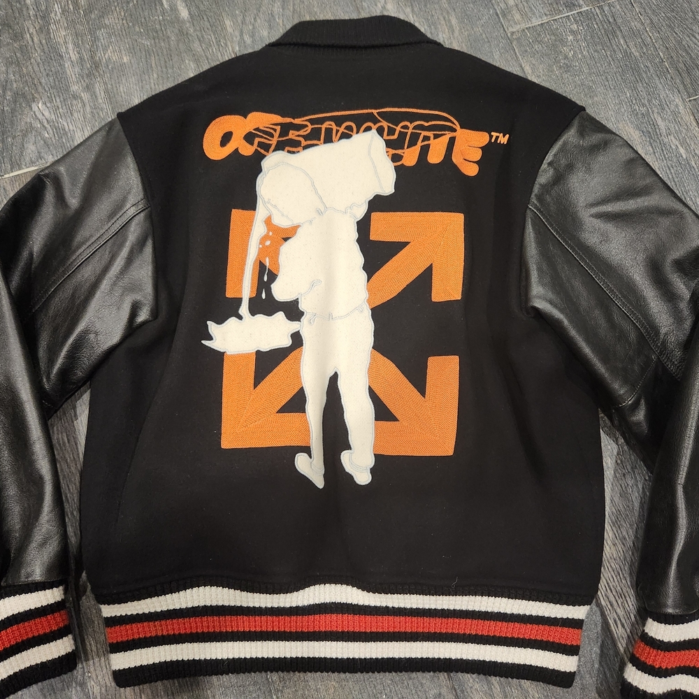 Off-White Black and Orange Graphic Bomber Jacket